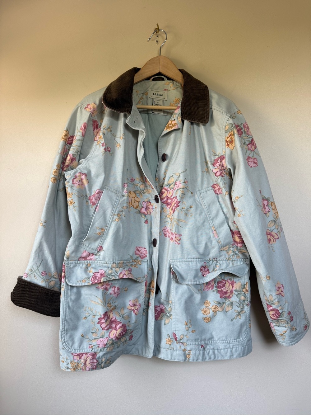 Vintage LLBean Floral Field Jacket, Corduroy Collar, Size Large Petite